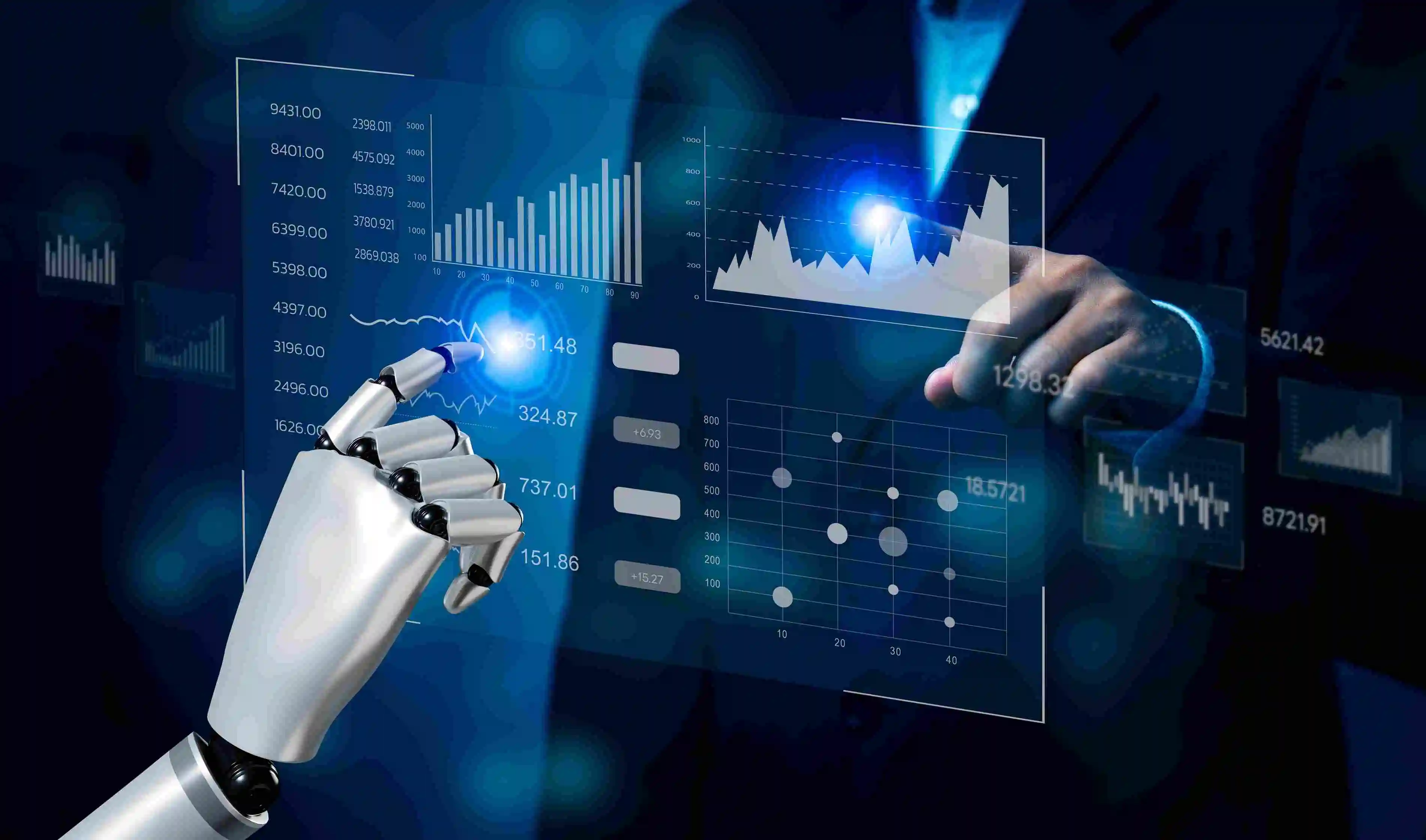 Robot hand and digital dashboard visualizing data insights with AI Business Analytics.