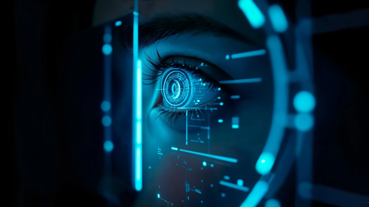 AI computer vision concept showing a futuristic digital eye with scanning interface representing artificial intelligence visual recognition technology.