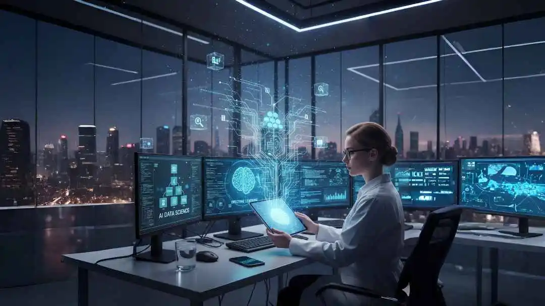AI engineer analyzing machine learning data on multiple screens in a futuristic workspace representing AI development service for building intelligent business solutions and data-driven systems.