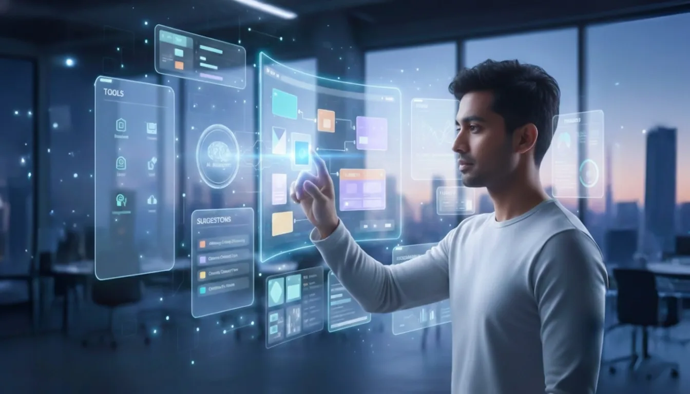 Developer interacting with a visual app builder interface for no code low code application development.