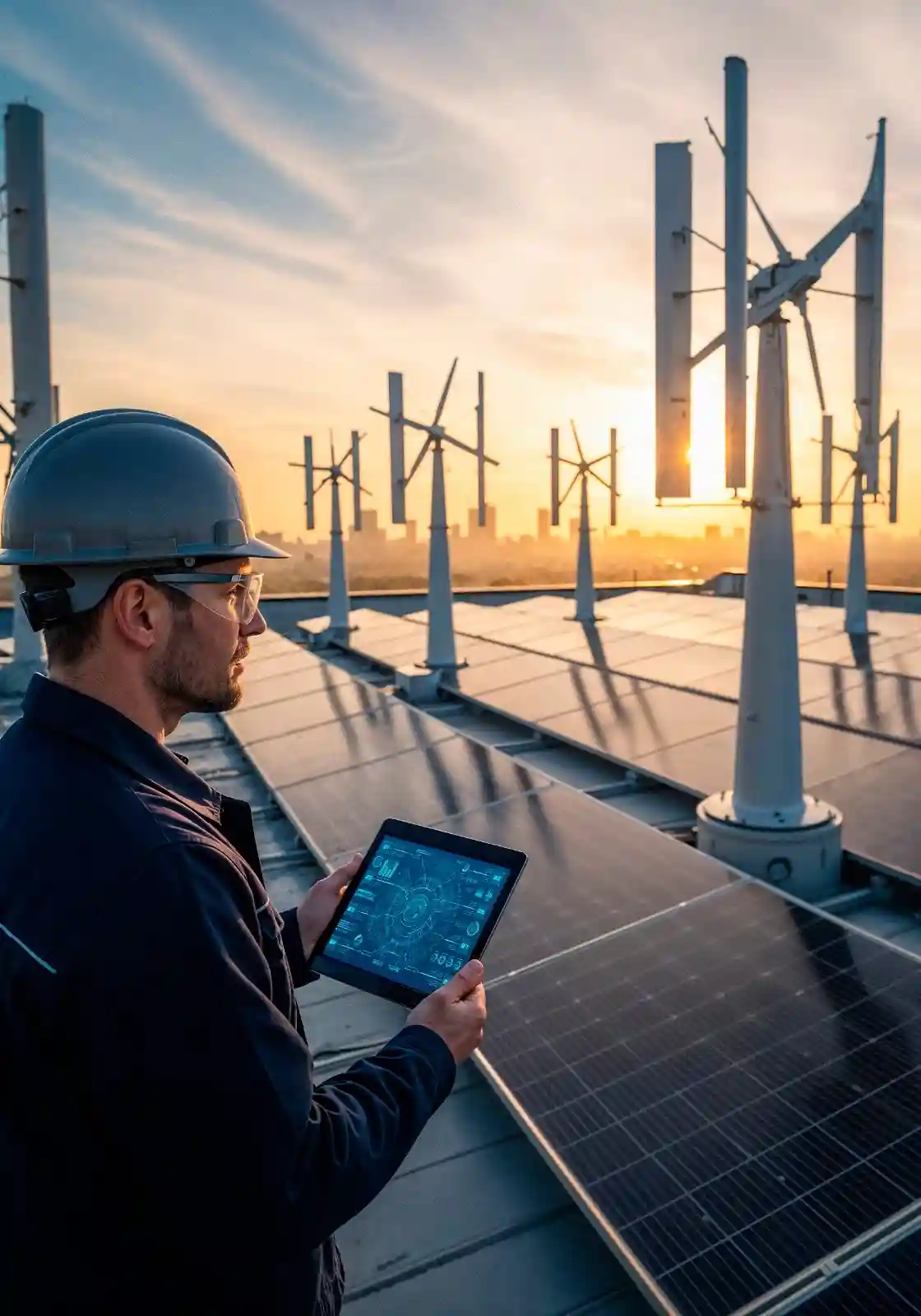 Renewable energy monitoring system with an engineer tracking solar and wind power data.